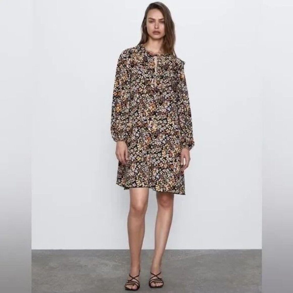 Zara Floral Print Ruffled Boho Balloon Sleeve Dress - Casual and Flowy S… - Picture 1 of 10